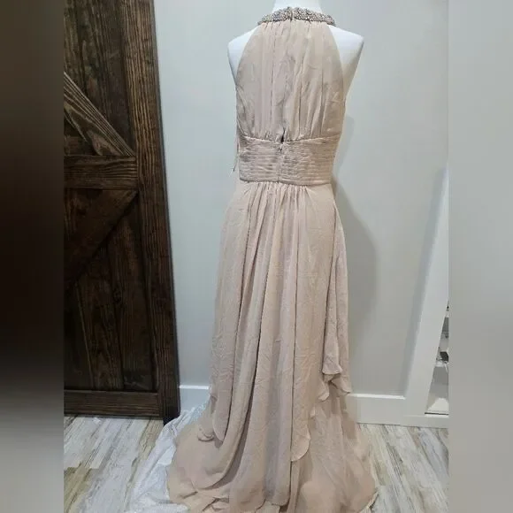 Eliza J Embellished Tiered Chiffon Halter Gown Dress NWT Sz 10 Champagne
